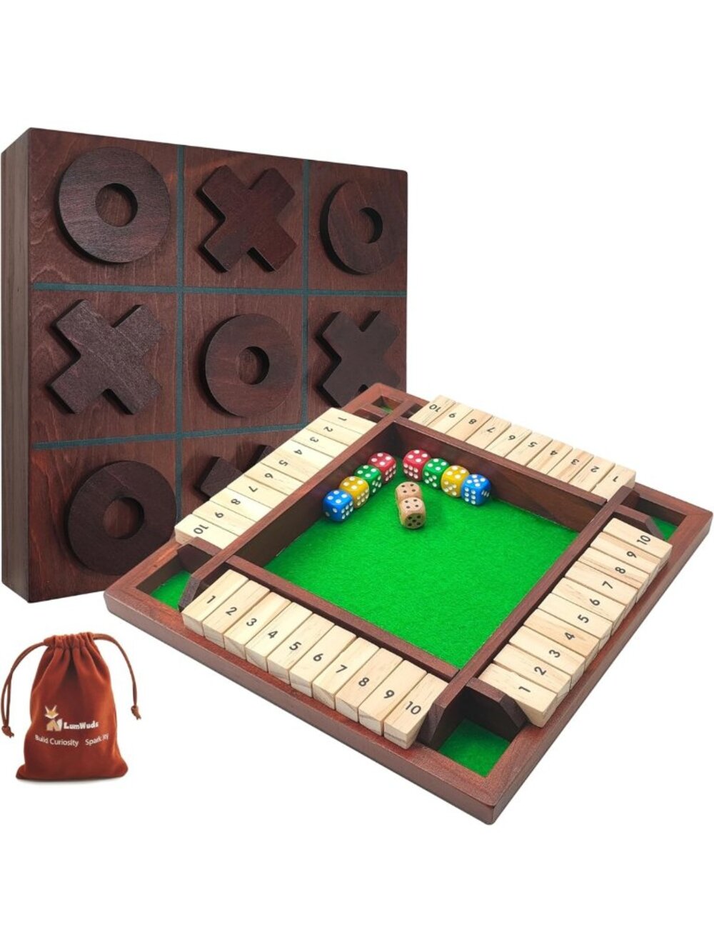 Classic Wooden Tic Tac Toe & Shut The Box Game Combo - Fun Family Tabletop